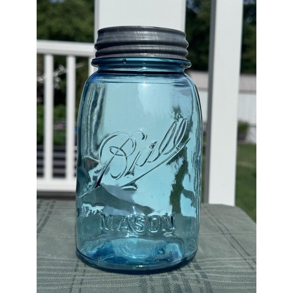 Antique Ball Mason Aqua Glass Quart Jar Zinc Porcelain Lid 1910-1923  (#101)